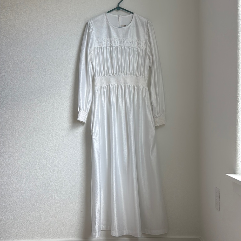 White Smocked Gown with Bishop Sleeves